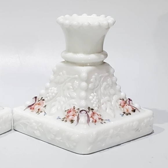 🎁2 Handpainted Paneled Grape White Milk Glass Beaded Single 1" Candlesticks - Picture 4 of 10